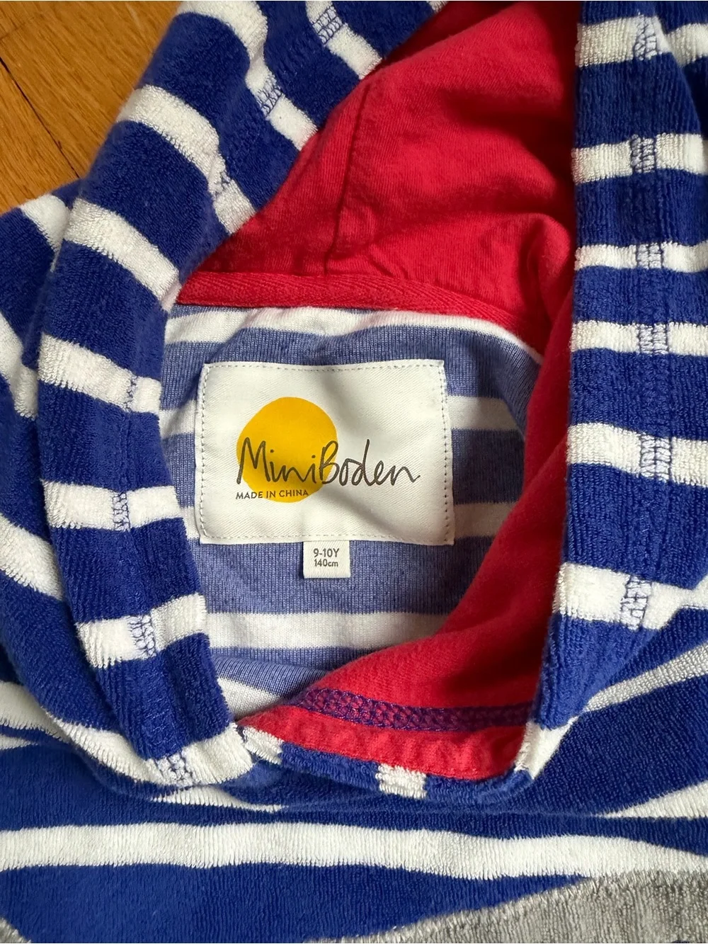 Mini Boden Blue & White Striped Shark Hooded Coverup with Red Lining